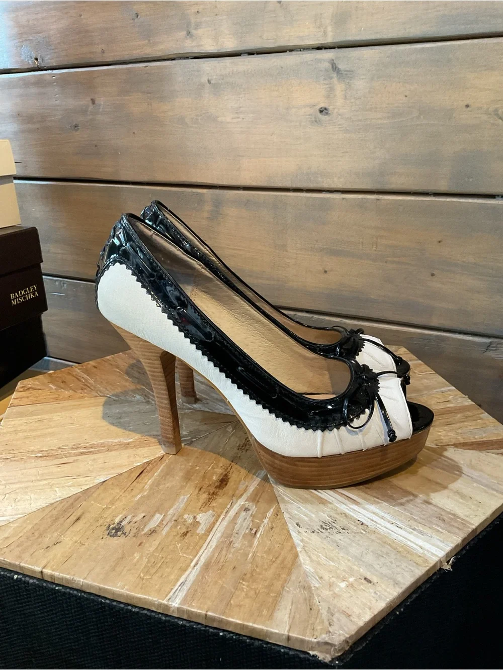 Michael Kors Black and White Peep-Toe Patent Trim Heels